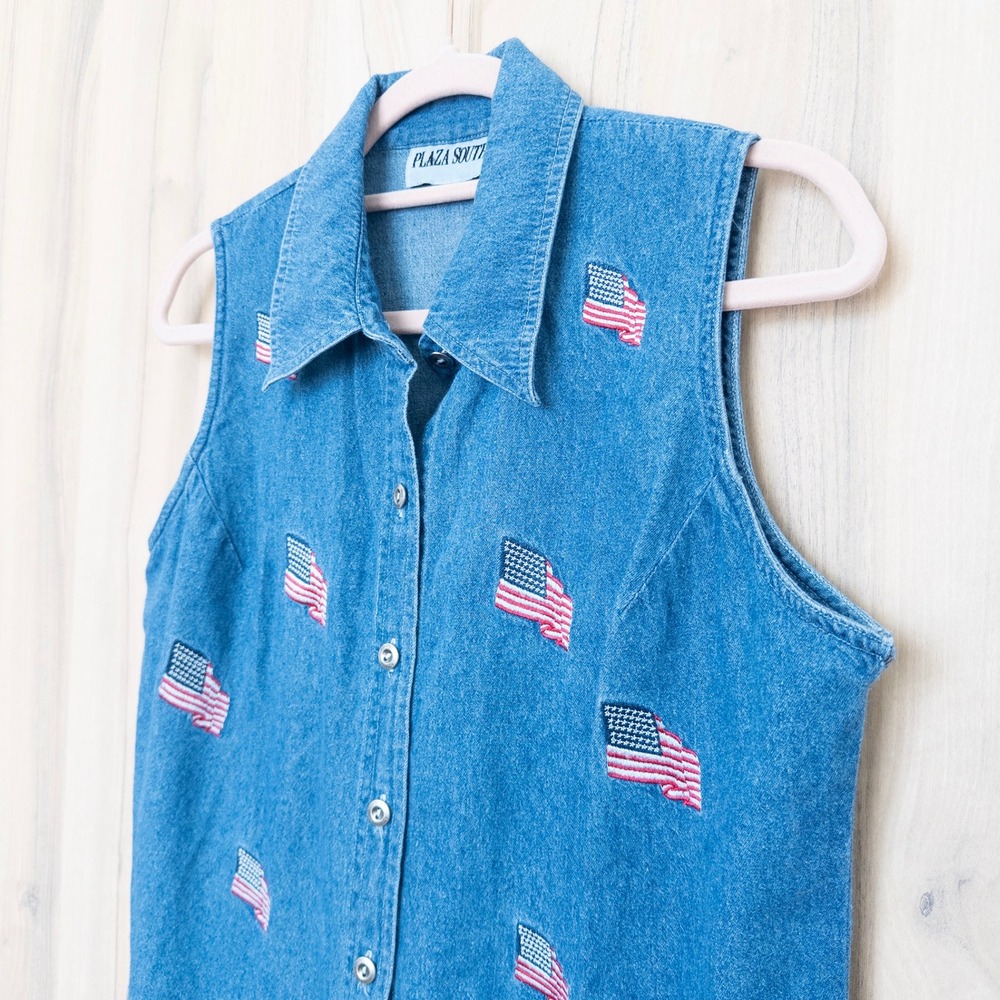 Vintage Womens Denim Sleeveless Top L Blue American Flag Embroidered Patriotic - Picture 4 of 7